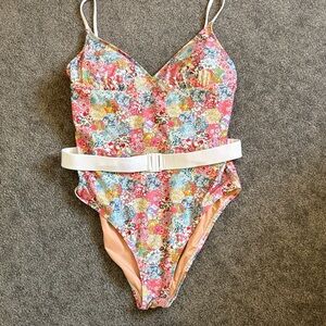 J. Crew Floral One Piece Swimsuit with White Belt